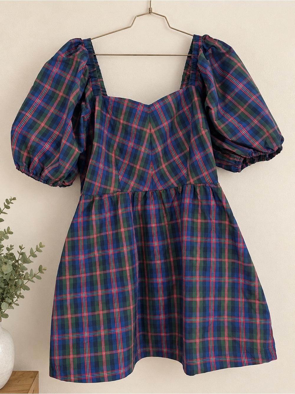 Old Navy L Petite Plaid Puff Sleeve Fit & Flare Mini Dress Tartan